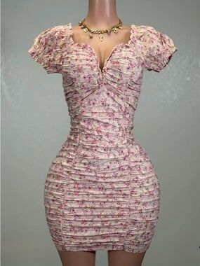 Pink Floral Ruched Mini Dress